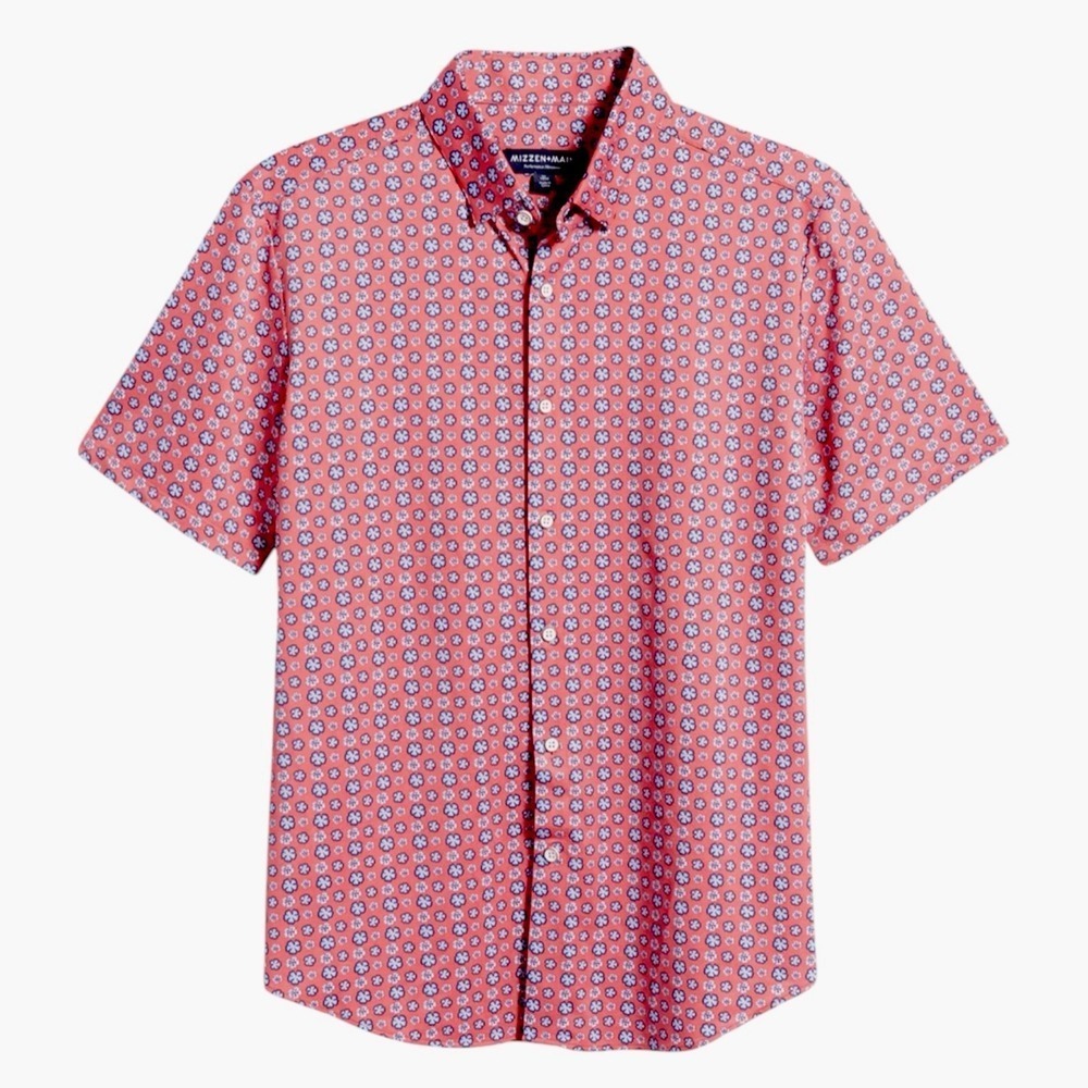 Mizzen + Main Short Sleeve Shirt Men Size Medium Red Floral Halyard Performance